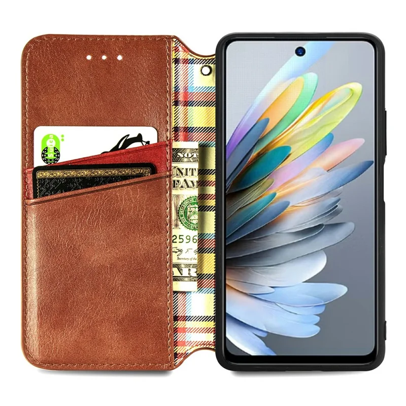 For ZTE Blade A75 4G PU Leather Case Rhombus Imprint Wallet Stand Phone Cover - Brown