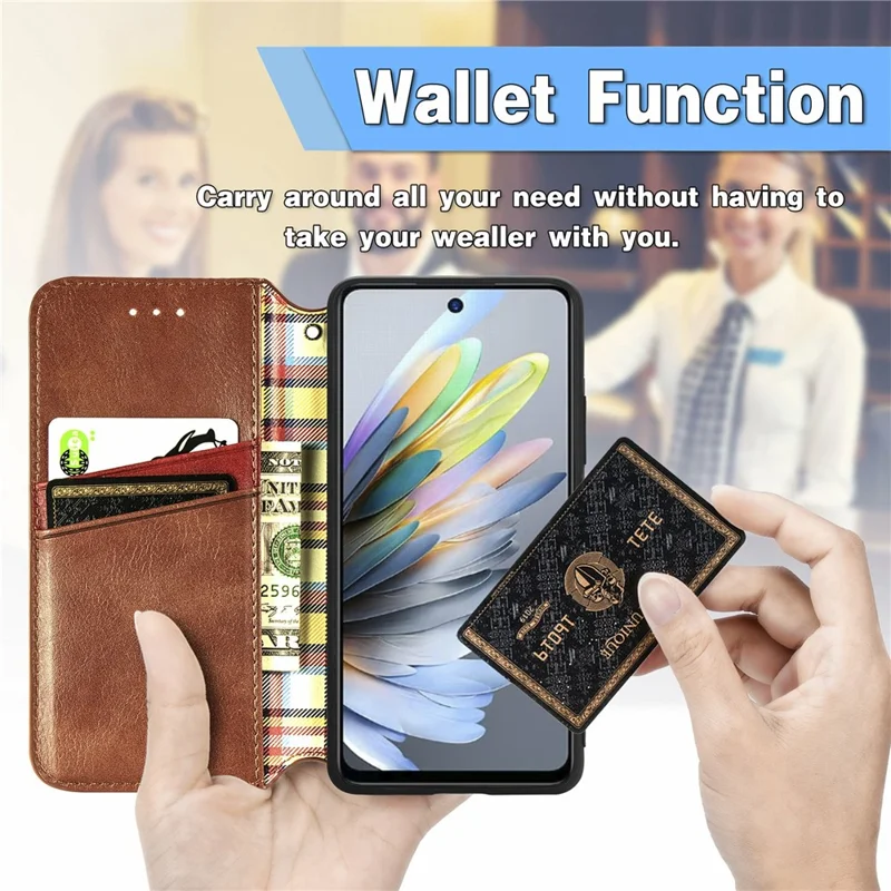 For ZTE Blade A75 4G PU Leather Case Rhombus Imprint Wallet Stand Phone Cover - Brown