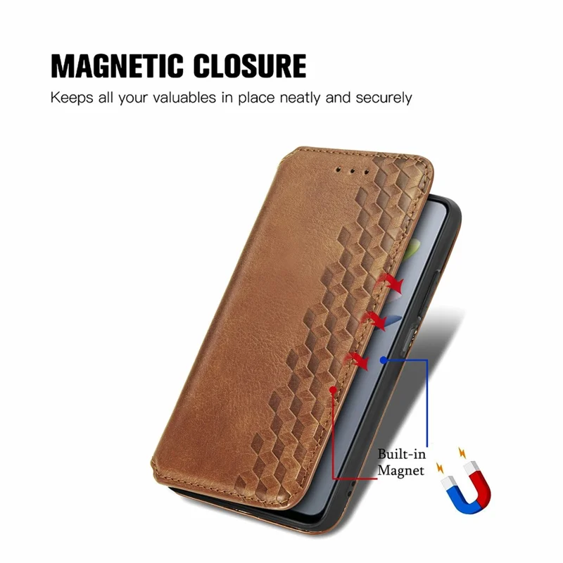 For ZTE Blade A75 4G PU Leather Case Rhombus Imprint Wallet Stand Phone Cover - Brown