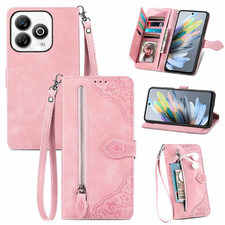 Para ZTE Blade A75 4G Case Zipper Pullet PU Chaear Flor Primagem Tampa - Rosa