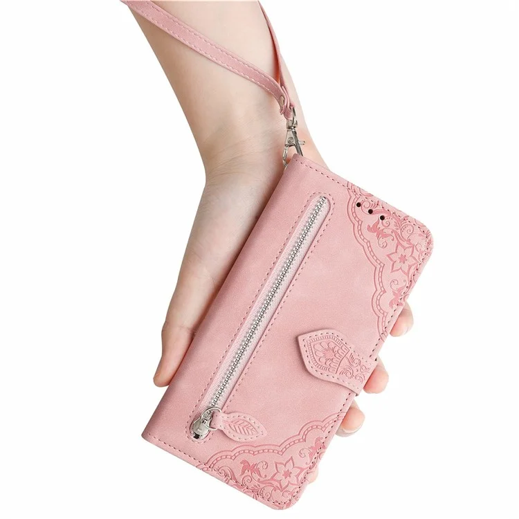 Para ZTE Blade A75 4G Case Zipper Pullet PU Chaear Flor Primagem Tampa - Rosa