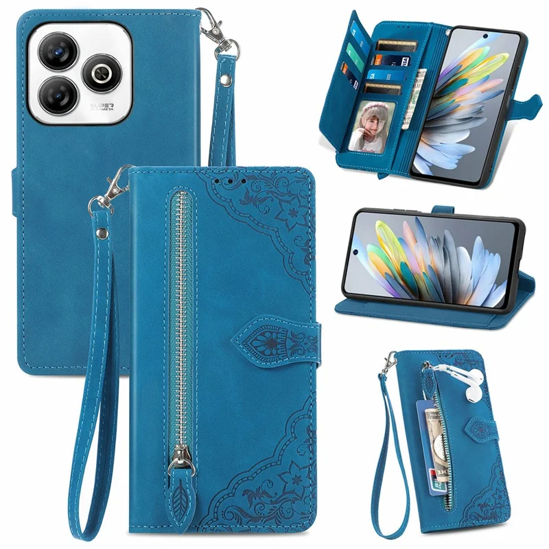 For ZTE Blade A75 4G Zipper Wallet Case with Strap Flower Imprint PU Leather Phone Cover - Blue