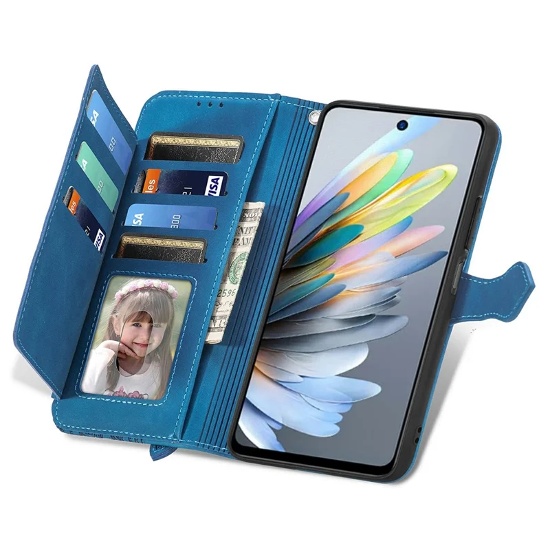 For ZTE Blade A75 4G Zipper Wallet Case with Strap Flower Imprint PU Leather Phone Cover - Blue