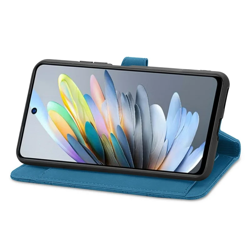 For ZTE Blade A75 4G Zipper Wallet Case with Strap Flower Imprint PU Leather Phone Cover - Blue