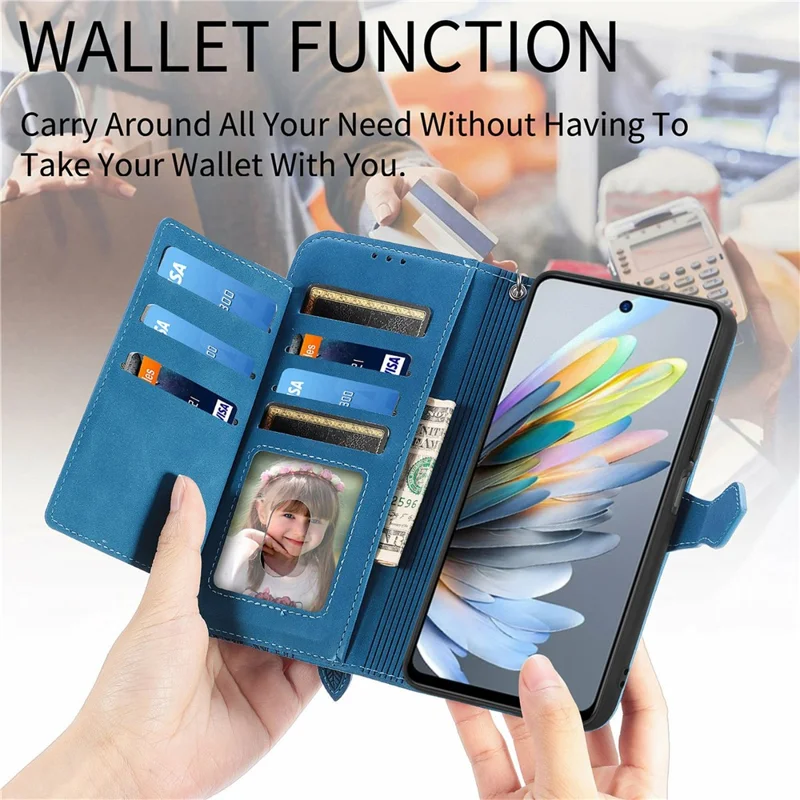 For ZTE Blade A75 4G Zipper Wallet Case with Strap Flower Imprint PU Leather Phone Cover - Blue