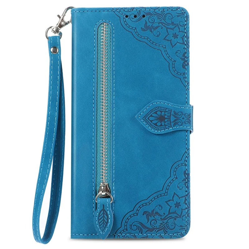 For ZTE Blade A75 4G Zipper Wallet Case with Strap Flower Imprint PU Leather Phone Cover - Blue