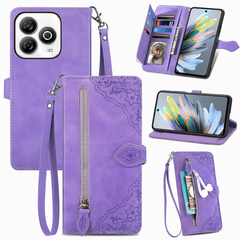 For ZTE Blade A75 4G Zipper Wallet Case with Strap Flower Imprint PU Leather Phone Cover - Light Purple