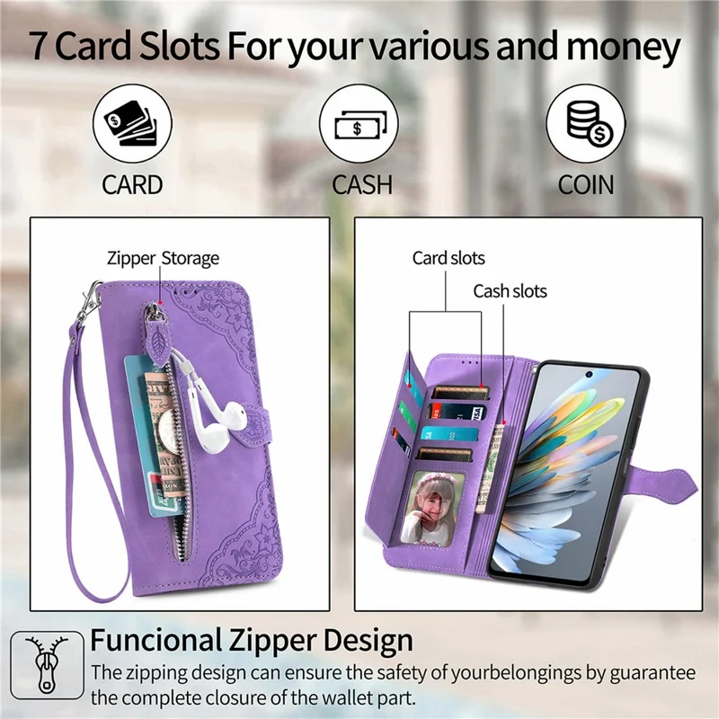 For ZTE Blade A75 4G Zipper Wallet Case with Strap Flower Imprint PU Leather Phone Cover - Light Purple
