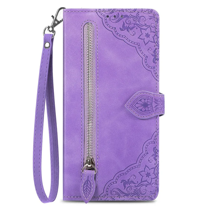 For ZTE Blade A75 4G Zipper Wallet Case with Strap Flower Imprint PU Leather Phone Cover - Light Purple