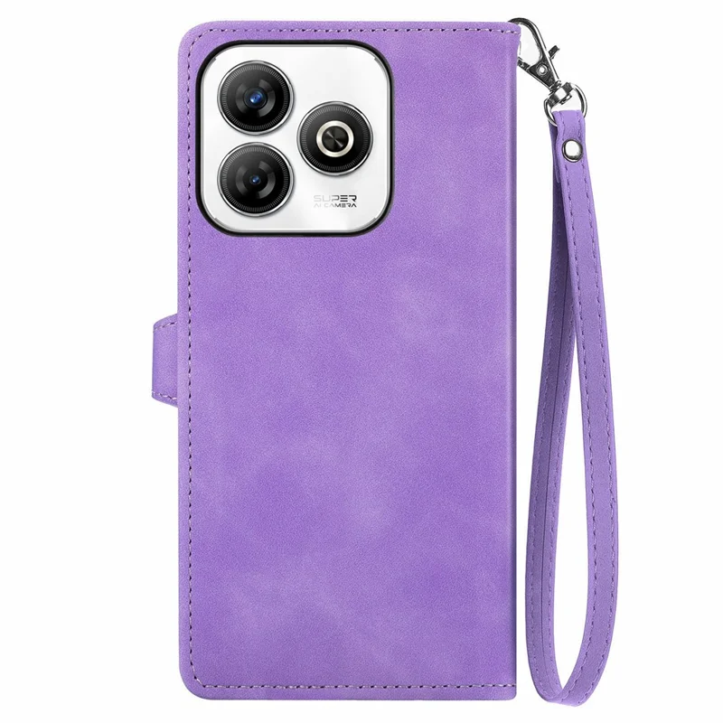 For ZTE Blade A75 4G Zipper Wallet Case with Strap Flower Imprint PU Leather Phone Cover - Light Purple