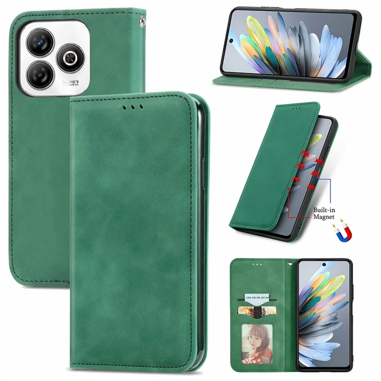 Para ZTE Blade A75 4G Case Skin Touch Feeling Leather Carthe Tampa Absorção Magnética - Verde