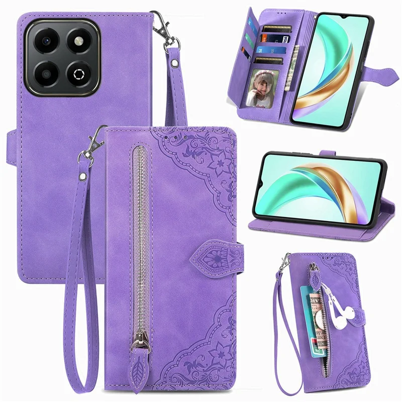 For Honor X6b 4G Zipper Wallet Case with Strap Flower Imprint PU Leather Phone Cover - Light Purple