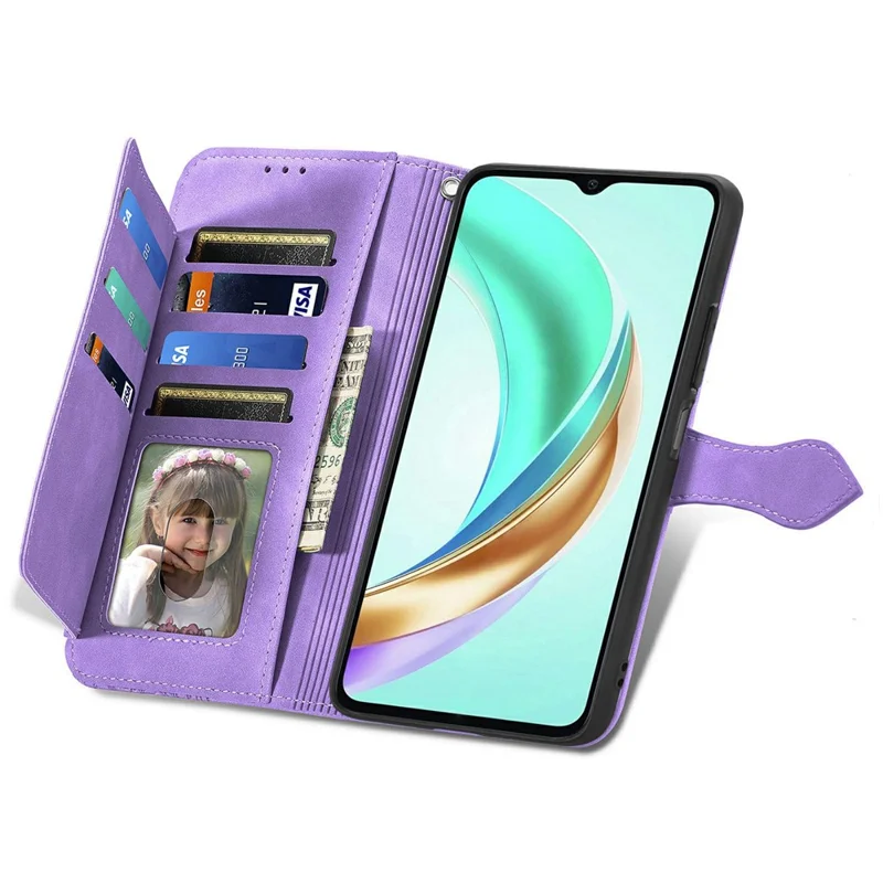 For Honor X6b 4G Zipper Wallet Case with Strap Flower Imprint PU Leather Phone Cover - Light Purple