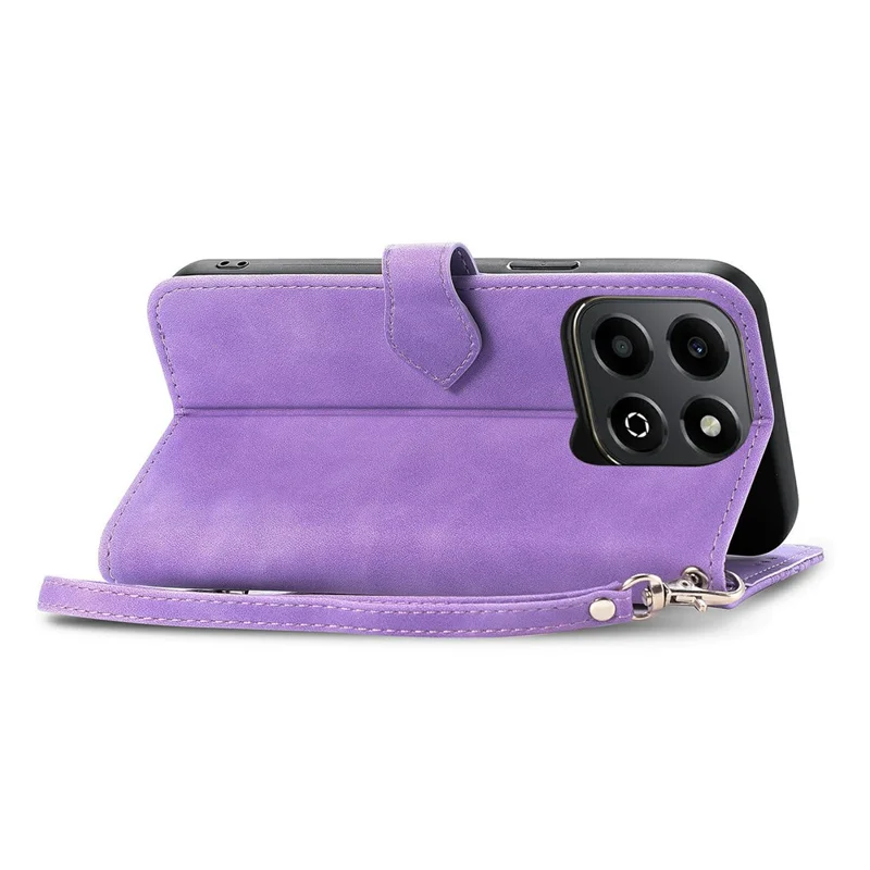 For Honor X6b 4G Zipper Wallet Case with Strap Flower Imprint PU Leather Phone Cover - Light Purple