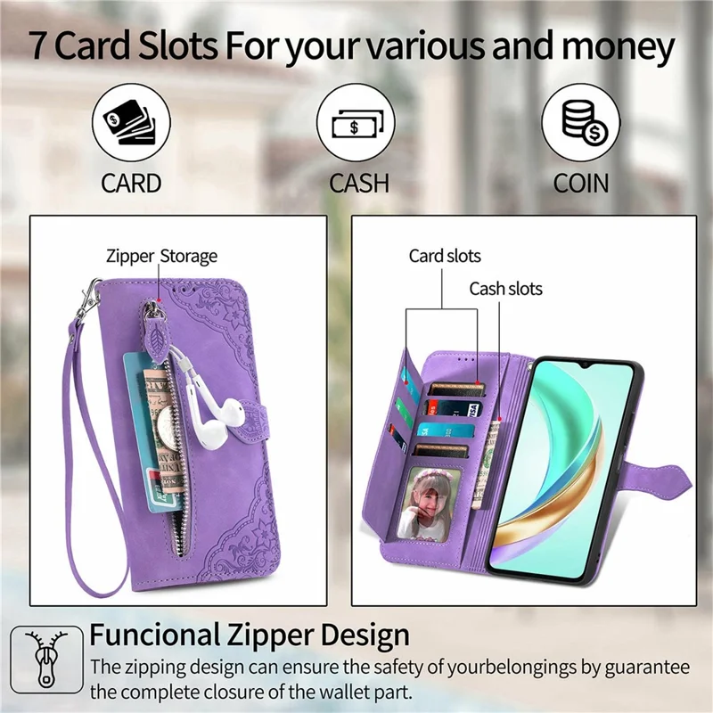 For Honor X6b 4G Zipper Wallet Case with Strap Flower Imprint PU Leather Phone Cover - Light Purple
