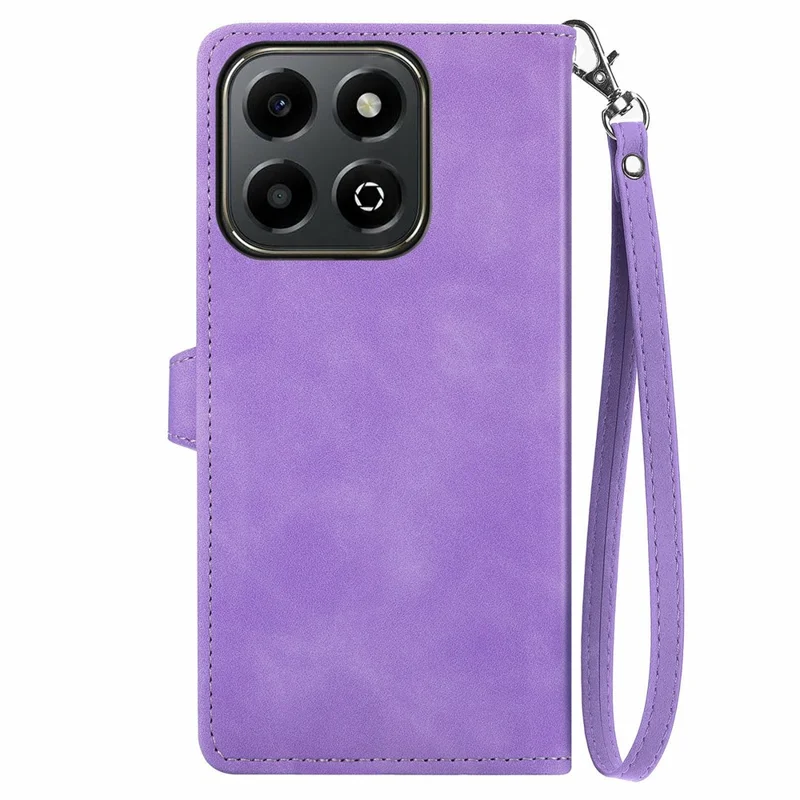 For Honor X6b 4G Zipper Wallet Case with Strap Flower Imprint PU Leather Phone Cover - Light Purple