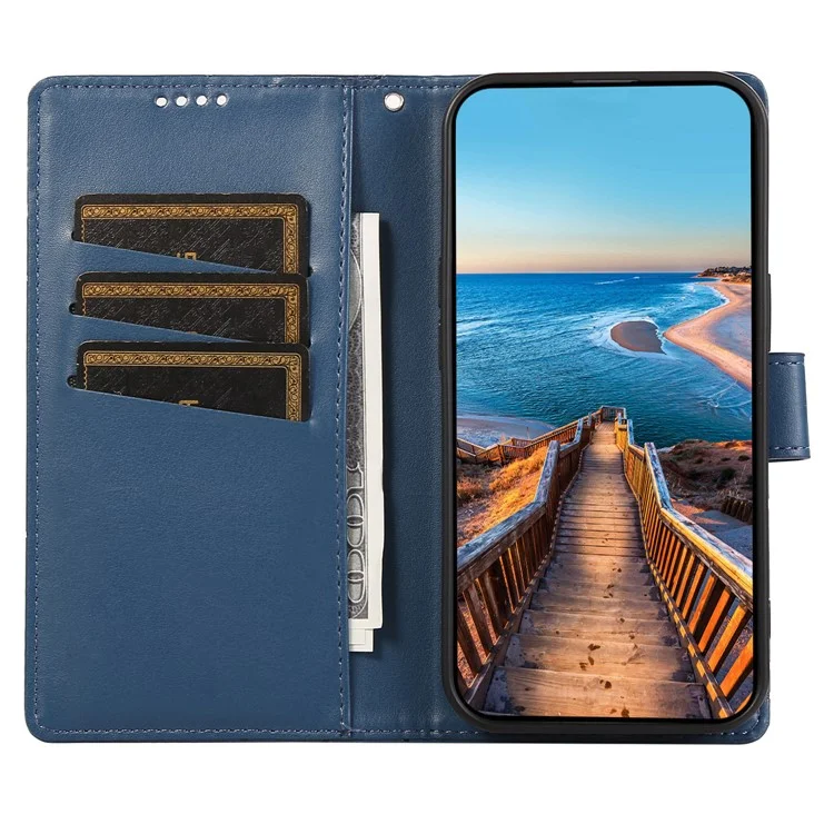 DF-06 Phone Case For Xiaomi Poco C75 4G / Redmi 14R 5G / 14C 4G Line Imprint Leather Wallet Cover - Blue