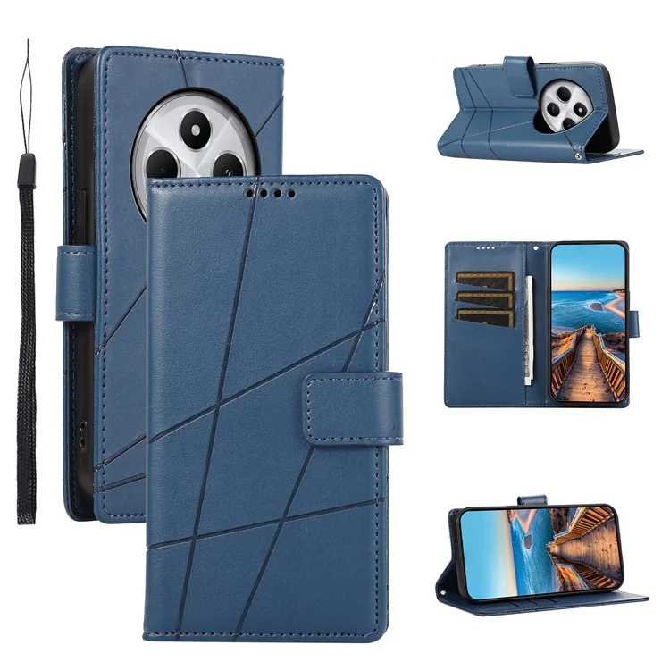 DF-06 Phone Case For Xiaomi Poco C75 4G / Redmi 14R 5G / 14C 4G Line Imprint Leather Wallet Cover - Blue