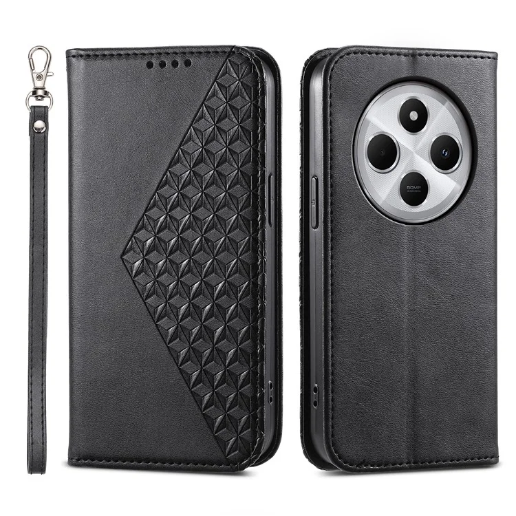 Capa de Telefone para Xiaomi Poco C75 4G / Redmi 14R 5G / 14C 4G Textura de Bezerro Couro PU Capa de Telefone com Carteira - Preto