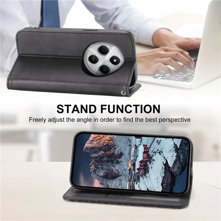 Capa de Telefone para Xiaomi Poco C75 4G / Redmi 14R 5G / 14C 4G Textura de Bezerro Couro PU Capa de Telefone com Carteira - Preto