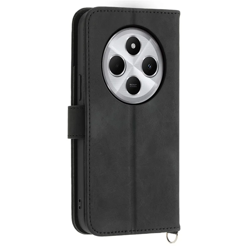Wallet Case For Xiaomi Poco C75 4G / Redmi 14R 5G / 14C 4G Flower Pattern PU Leather Phone Cover with Strap - Black