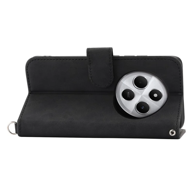 Wallet Case For Xiaomi Poco C75 4G / Redmi 14R 5G / 14C 4G Flower Pattern PU Leather Phone Cover with Strap - Black