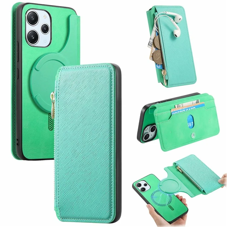 CASENEO For Xiaomi Poco M6 Pro 5G / Redmi 12 4G / 5G (Global) Case Cross Texture Leather Detachable Magnetic Phone Cover - Green