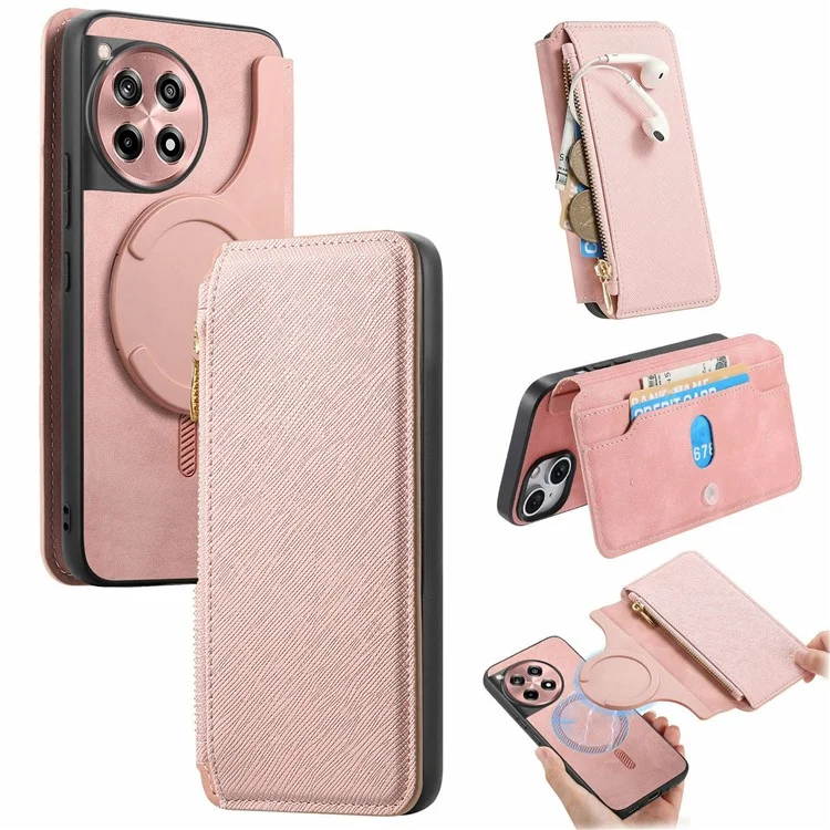 CASENEO For OnePlus Ace 3 5G / 12R 5G Case Cross Texture Leather Detachable Magnetic Phone Cover - Pink