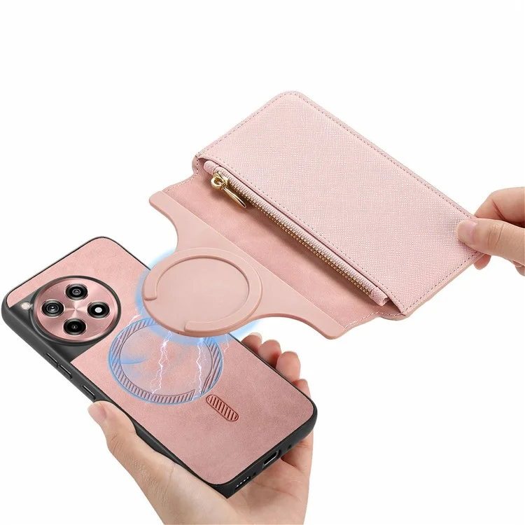 CASENEO For OnePlus Ace 3 5G / 12R 5G Case Cross Texture Leather Detachable Magnetic Phone Cover - Pink