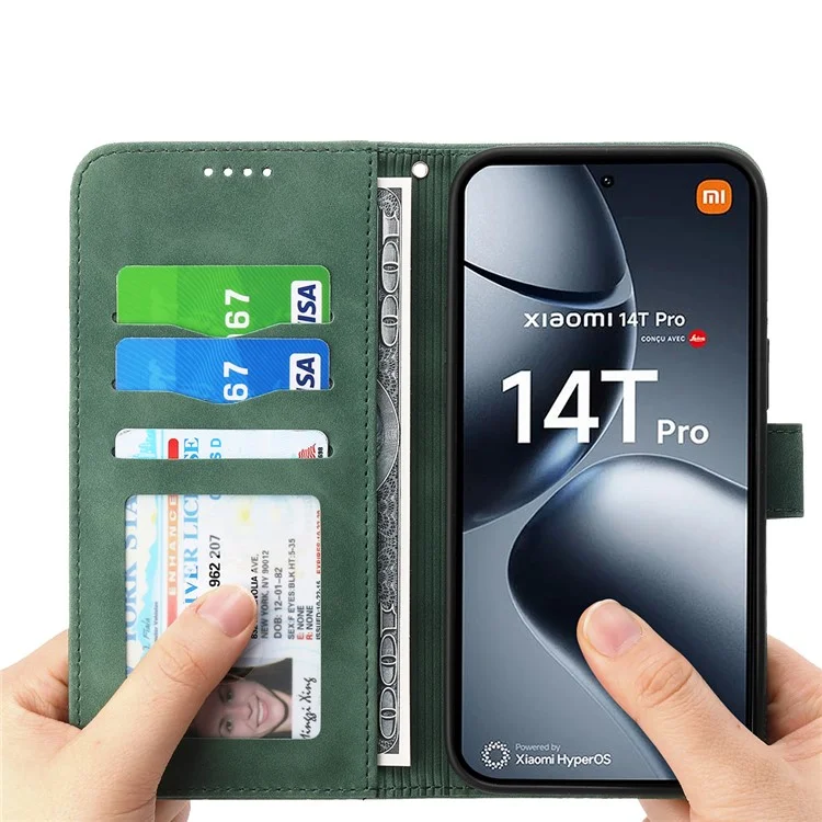 Dierfeng DF-03 Pour Xiaomi 14T Pro Cuir Lignes de Boîtier Imprime Couverture de Téléphone - Vert