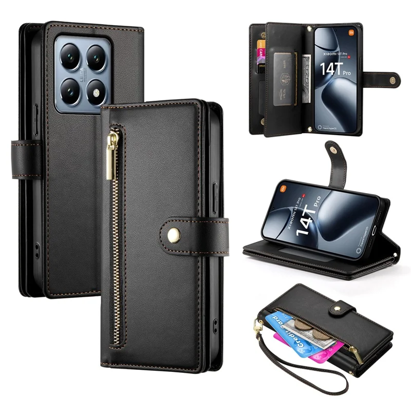 DF-011 For Xiaomi 14T Pro Case Zipper Pocket Wallet Leather Phone Cover with Straps - Black