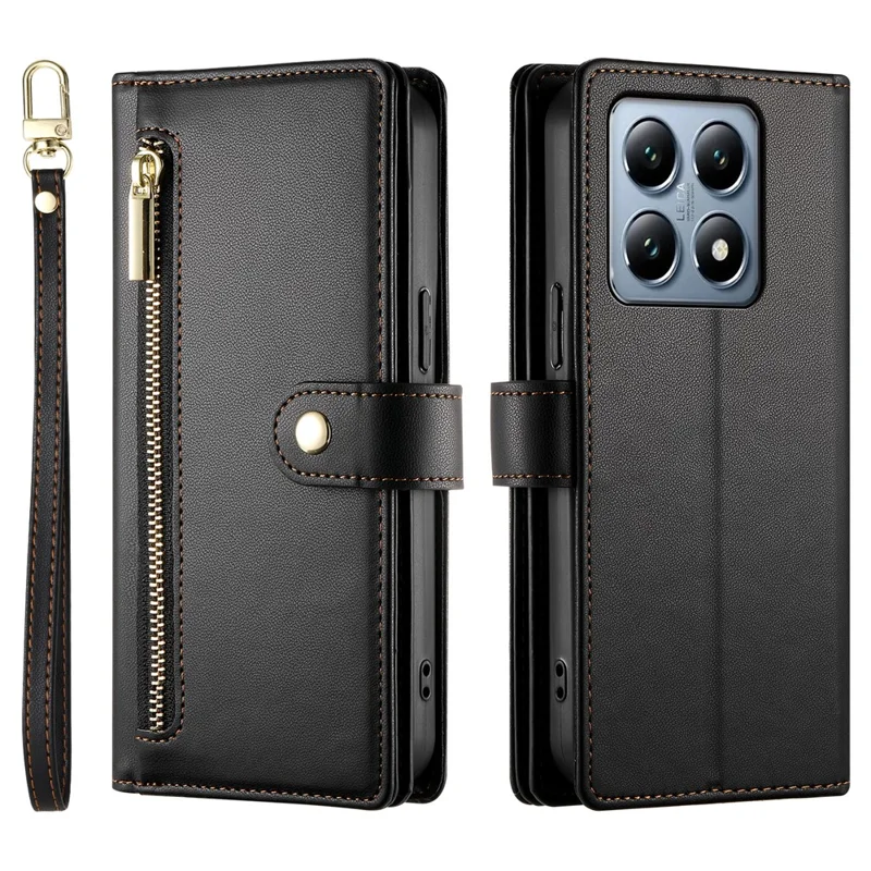 DF-011 For Xiaomi 14T Pro Case Zipper Pocket Wallet Leather Phone Cover with Straps - Black