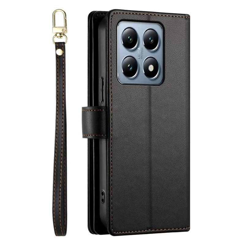 DF-011 For Xiaomi 14T Pro Case Zipper Pocket Wallet Leather Phone Cover with Straps - Black