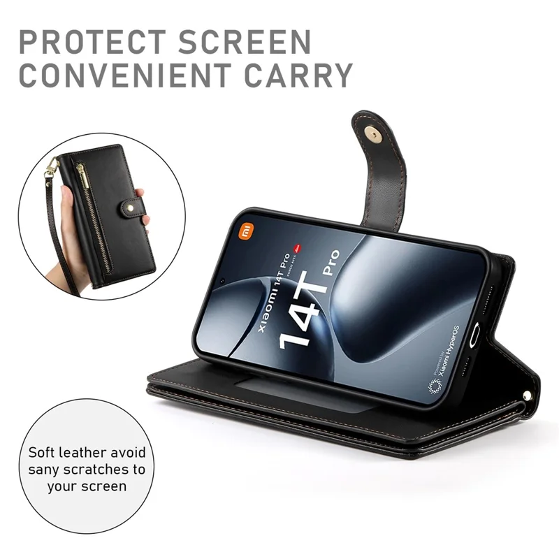DF-011 For Xiaomi 14T Pro Case Zipper Pocket Wallet Leather Phone Cover with Straps - Black
