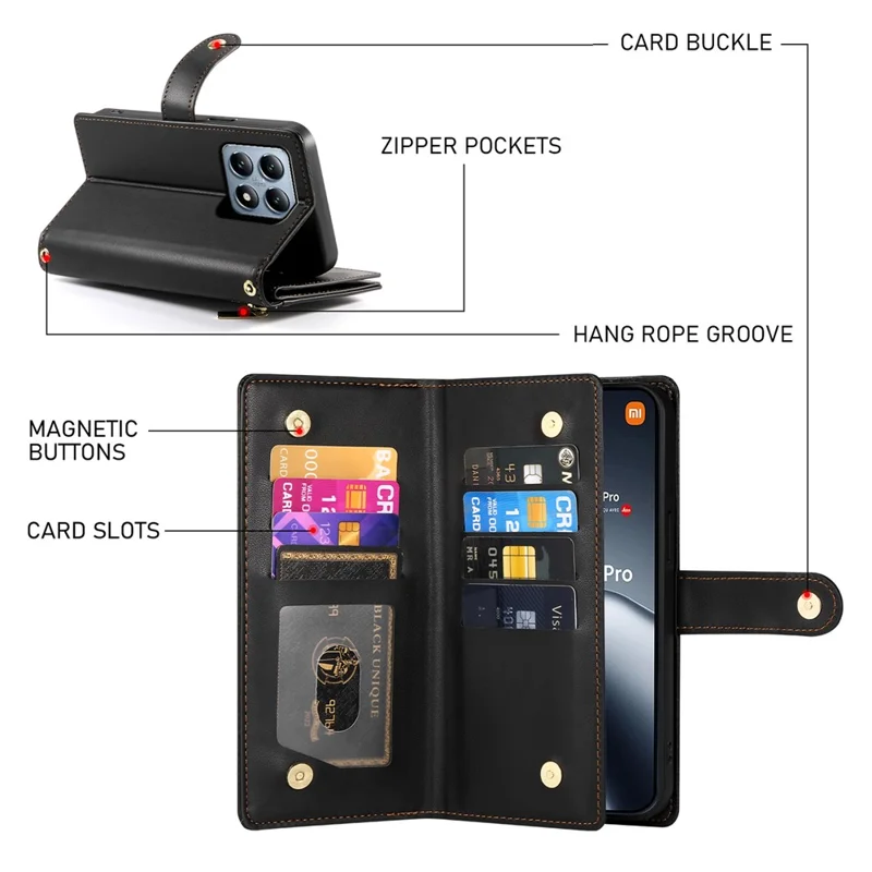 DF-011 For Xiaomi 14T Pro Case Zipper Pocket Wallet Leather Phone Cover with Straps - Black