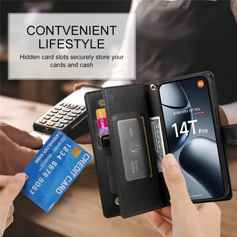 DF-011 For Xiaomi 14T Pro Case Zipper Pocket Wallet Leather Phone Cover with Straps - Black
