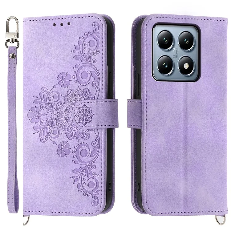 Para Xiaomi 14t Pro Case Patrón de Flores PU Cubierta de Teléfono de Cuero Con Correa - Púrpura Ligera