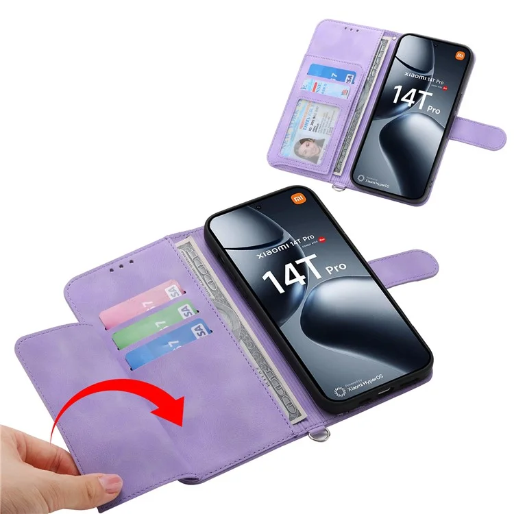 Para Xiaomi 14t Pro Case Patrón de Flores PU Cubierta de Teléfono de Cuero Con Correa - Púrpura Ligera
