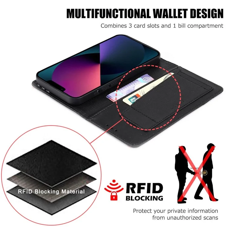 MUXMA MX109 Wallet Stand Case For Iphone 14 Plus, Magnetic Auto-absorbed PU Leather Phone Cover With RFID Blocking Function - le Noir