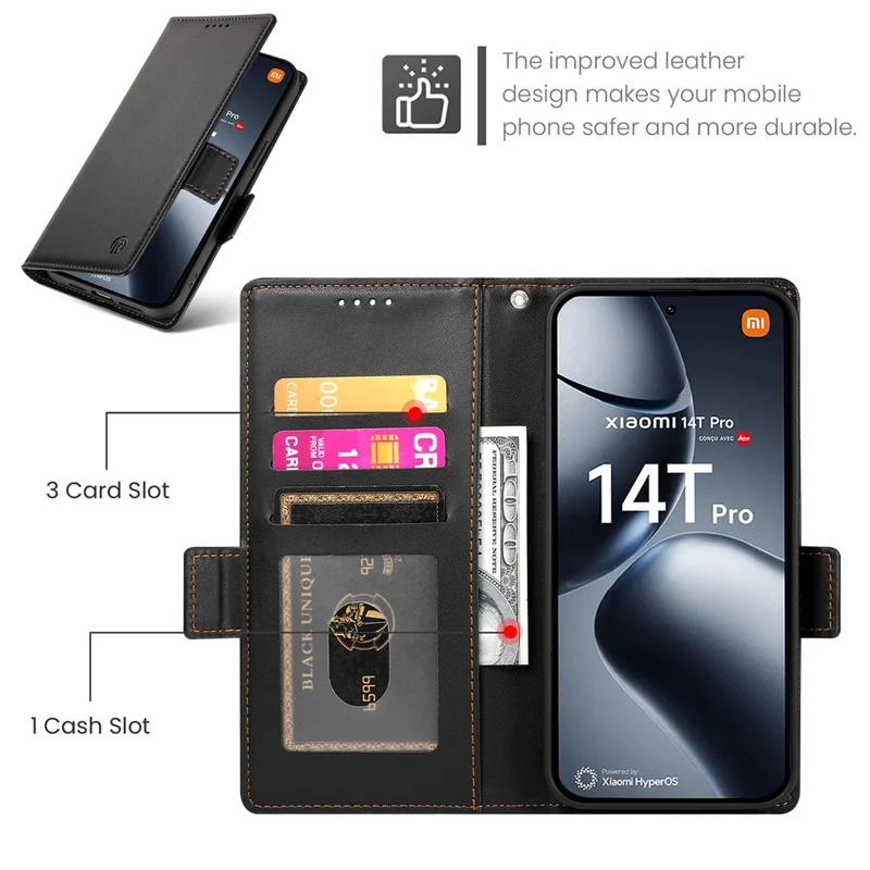 DF-010 Para Xiaomi 14t Pro Stand Case PU Cuero de Cuero Cover - Negro
