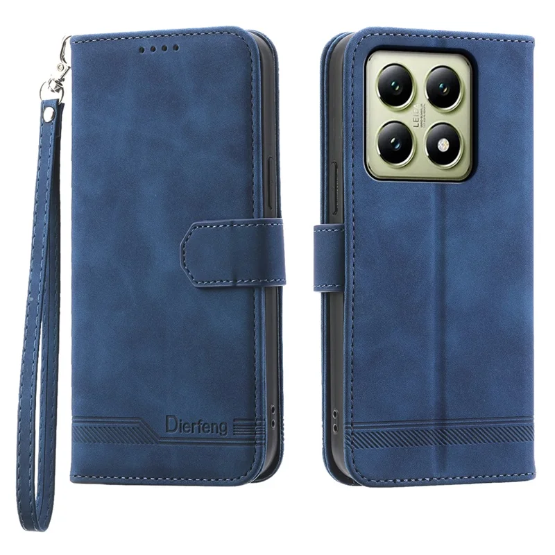 DIERFENG DF-03 For Xiaomi 14T Leather Case Lines Imprint Wallet Phone Cover - Blue