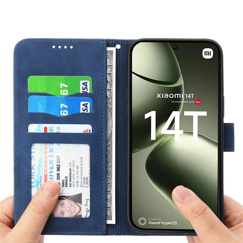 DIERFENG DF-03 For Xiaomi 14T Leather Case Lines Imprint Wallet Phone Cover - Blue