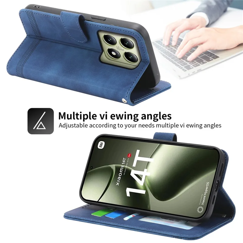 DIERFENG DF-03 For Xiaomi 14T Leather Case Lines Imprint Wallet Phone Cover - Blue