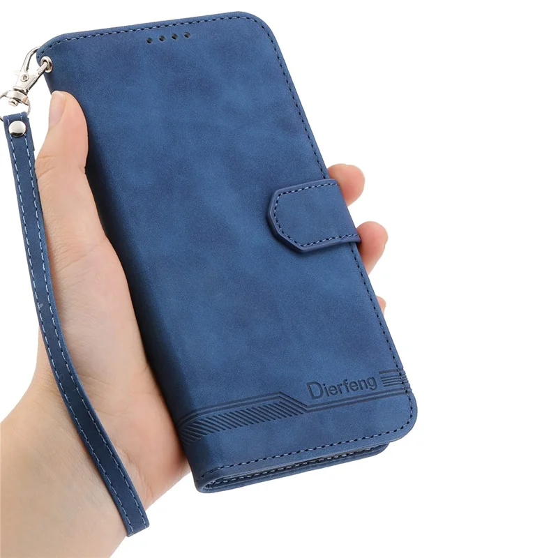 DIERFENG DF-03 For Xiaomi 14T Leather Case Lines Imprint Wallet Phone Cover - Blue