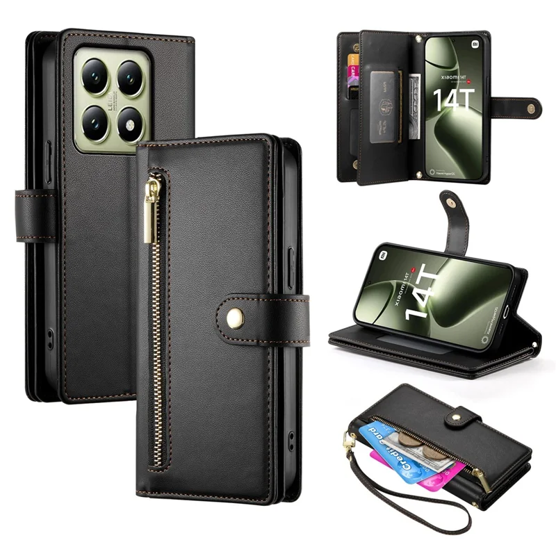 DF-011 For Xiaomi 14T Case Zipper Pocket Wallet Leather Phone Cover with Straps - Black