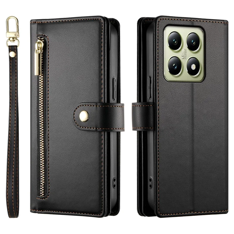 DF-011 For Xiaomi 14T Case Zipper Pocket Wallet Leather Phone Cover with Straps - Black