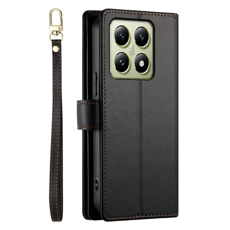 DF-011 For Xiaomi 14T Case Zipper Pocket Wallet Leather Phone Cover with Straps - Black