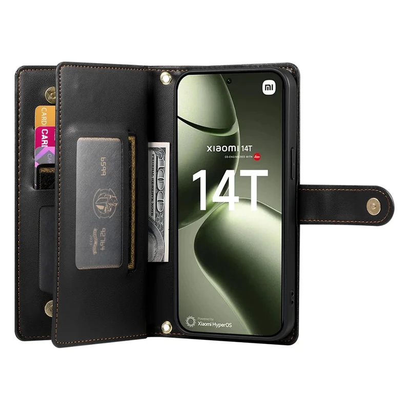DF-011 For Xiaomi 14T Case Zipper Pocket Wallet Leather Phone Cover with Straps - Black
