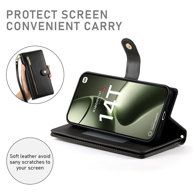 DF-011 For Xiaomi 14T Case Zipper Pocket Wallet Leather Phone Cover with Straps - Black
