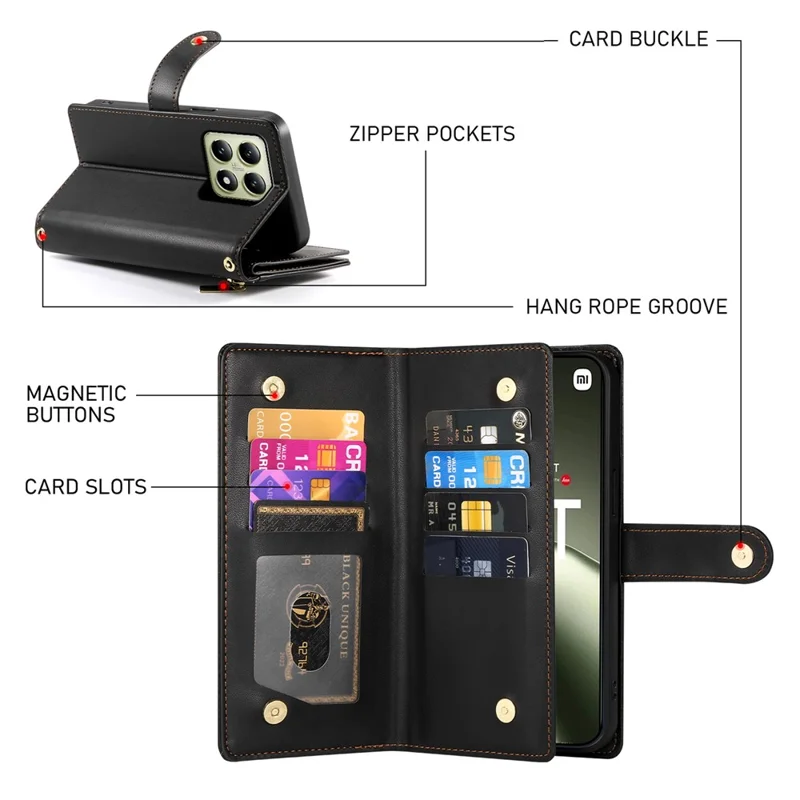 DF-011 For Xiaomi 14T Case Zipper Pocket Wallet Leather Phone Cover with Straps - Black